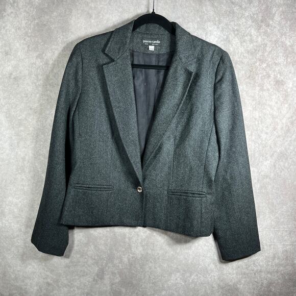 VTG Pierre Cardin‎ Blazer Skirt Set Womens 11/12 Gray Wool Herringbone Career - Picture 2 of 15